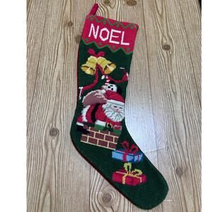 Vintage Needlepoint Noel Christmas Stocking Santa Chimney Wool Handmade Red